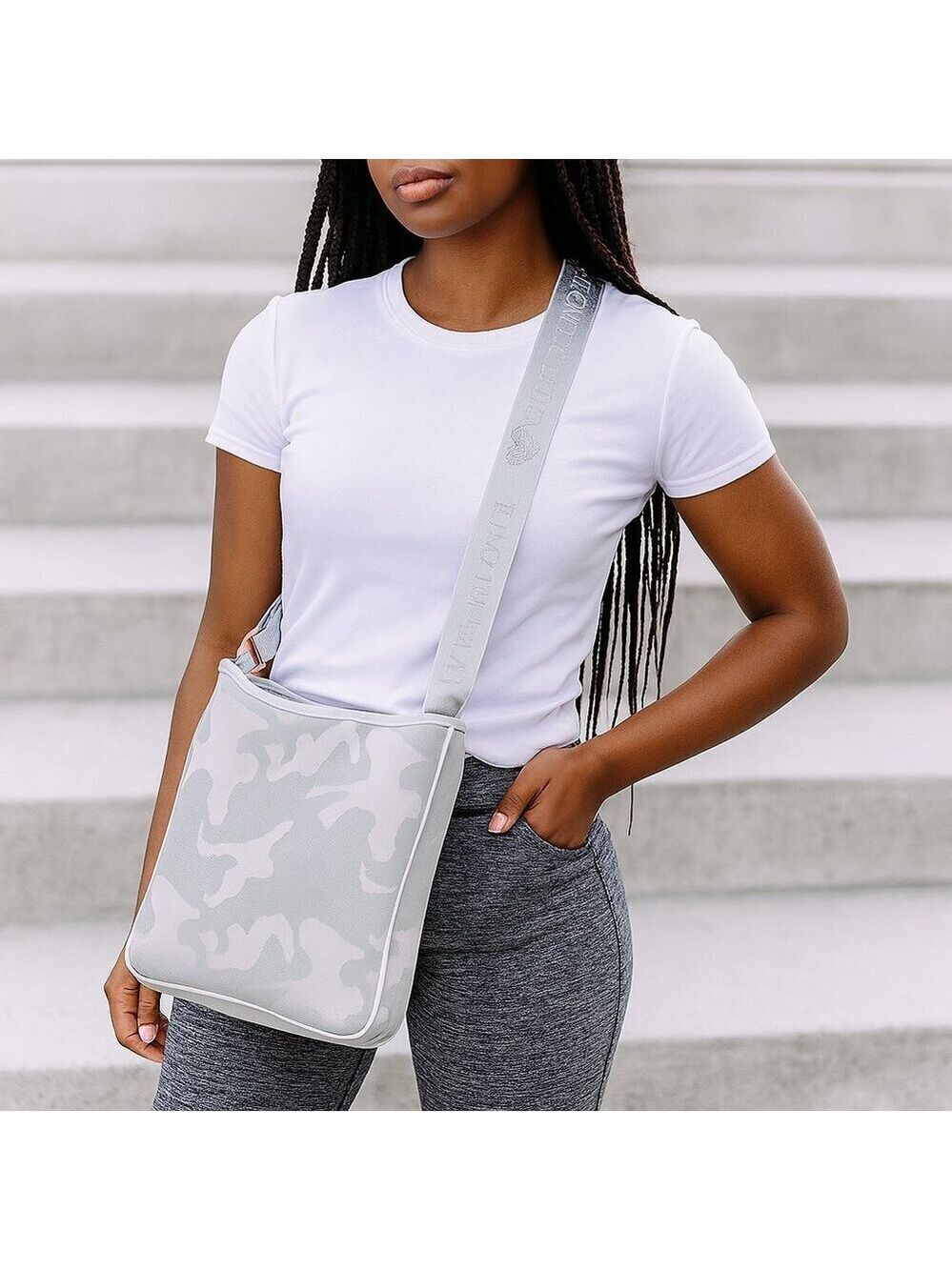 PreneLOVE Grey Camo Neoprene Crossbody Bag – Yellow Lining, Adjustable Strap